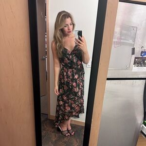 Xhilaration Black Pink Floral Ruffle Midi Dress | Size Medium